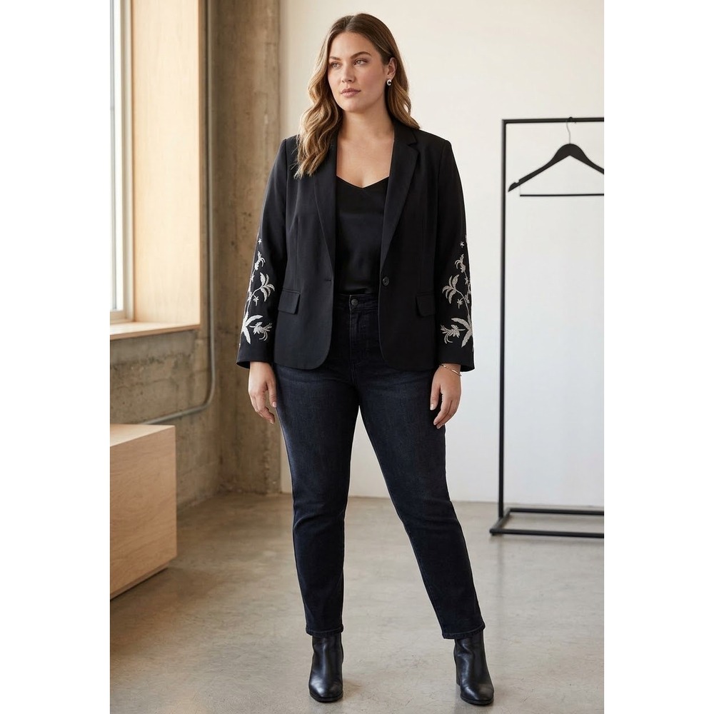 Who What Wear Womens Black Embroidered Sleeve Blazer Jacket Size X Floral Silver